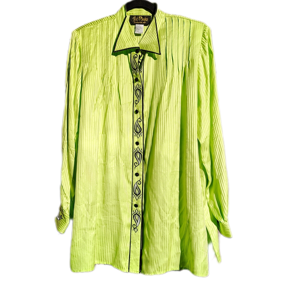 Vintage,Bob Mackie, Silk, Wmn's, Long Sleeve Bright Green Button-Up Shirt, Large